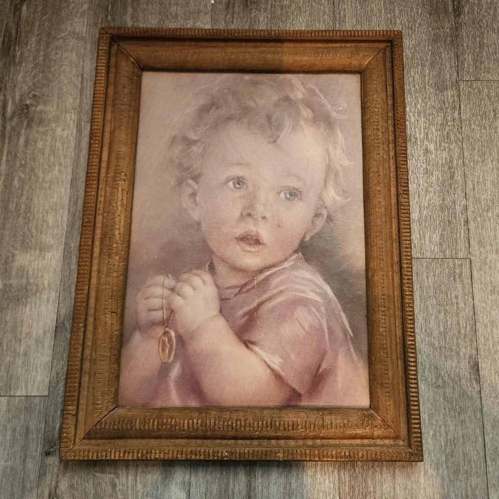 VTG Catholic framed print child praying‎ wooden board 19x14 Wood Picture Frame